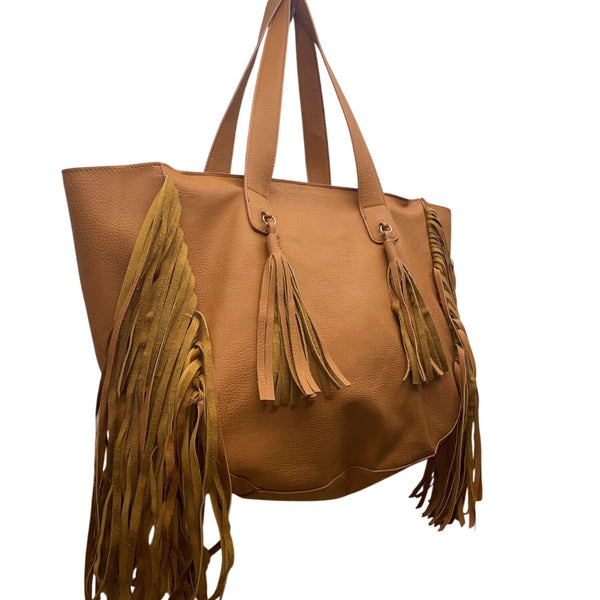 Expressions NYC Women’s Camel Brown Faux Leather Double Handle Fringe Tote Bag