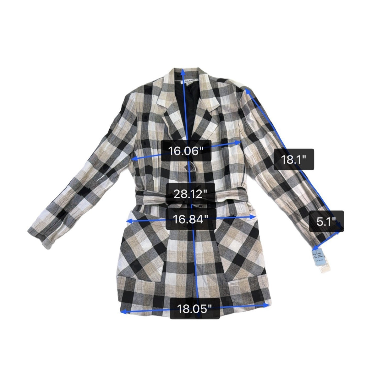 Ellen Ashley Womens Beige/Black Plaid Blazer Jacket Tie Waist Size M