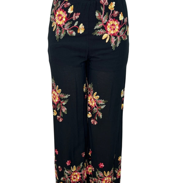 Liv Los Angeles Women’s Black Floral Embroidered Wide-Leg Pants Sz S - New