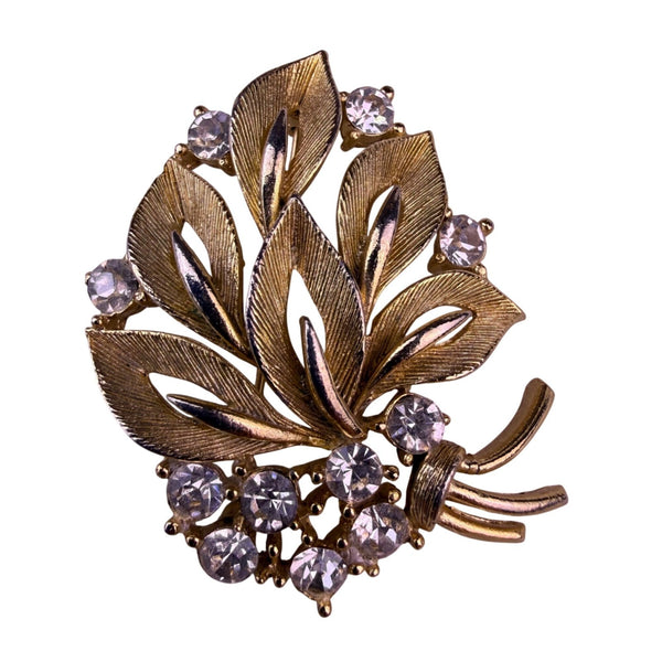 Lisner Womens Gold Tone Rhinestone Brooch Leaf Design Floral Jewelry Signed