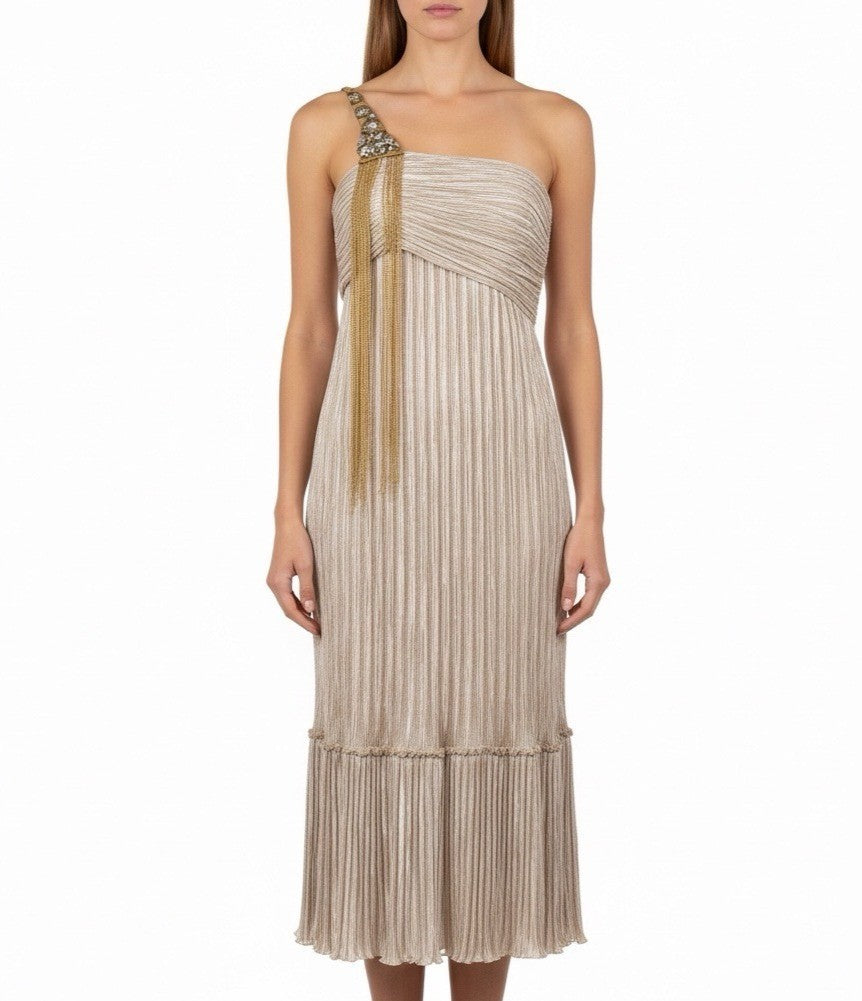 Mary McFadden Women’s Gold & Cream Pleated Satin Gown With Beaded Strap Size 6