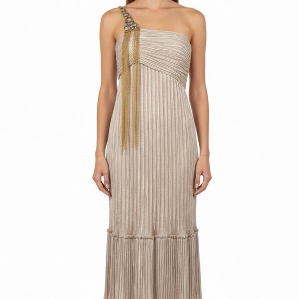 Mary McFadden Women’s Gold & Cream Pleated Satin Gown With Beaded Strap Size 6