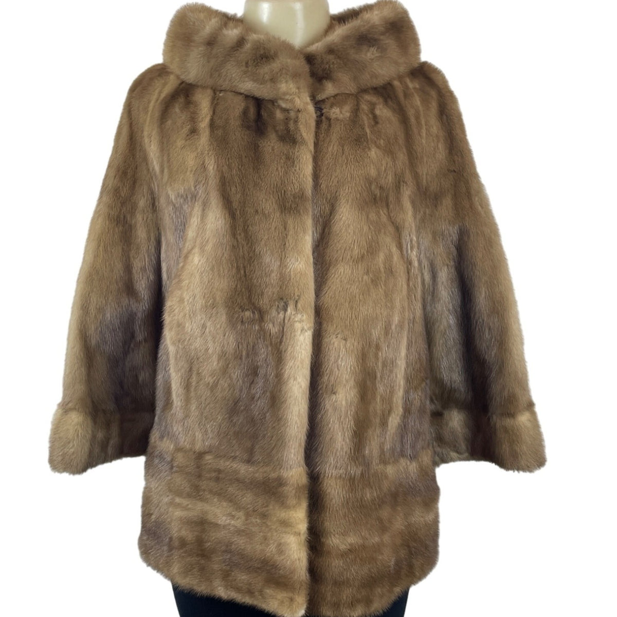 Vintage Thalhimers Women's Brown Fur Coat With 3/4 Sleeves & Hook Closure