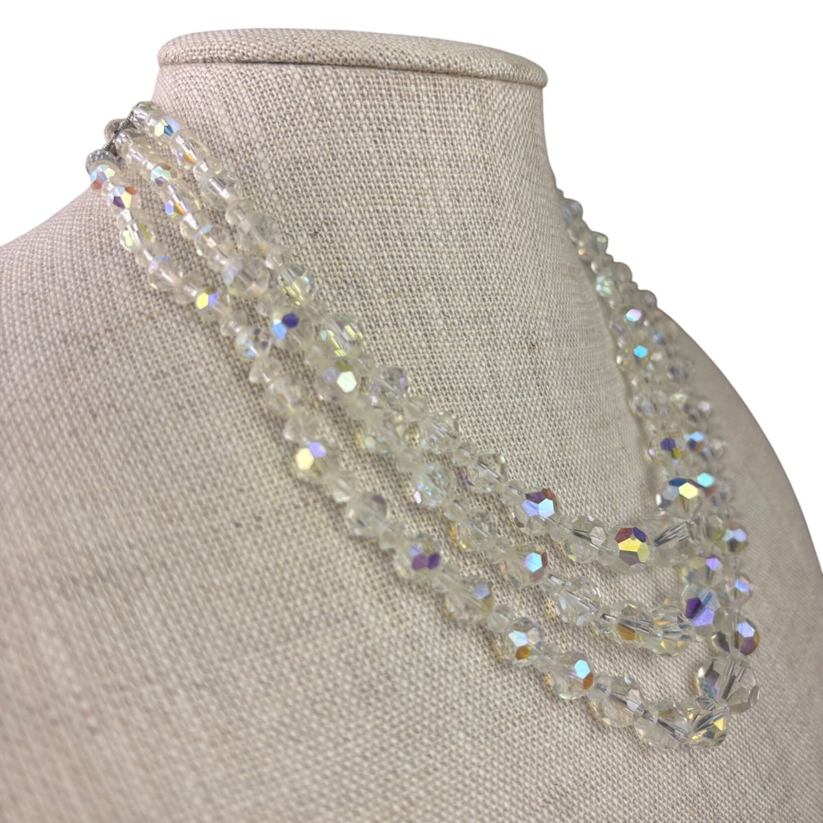 Aurora Borealis Womens Crystal Necklace & Clip-On Earrings Vintage Set Silver To