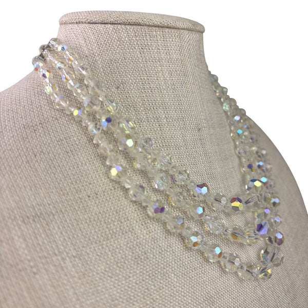 Aurora Borealis Womens Crystal Necklace & Clip-On Earrings Vintage Set Silver To
