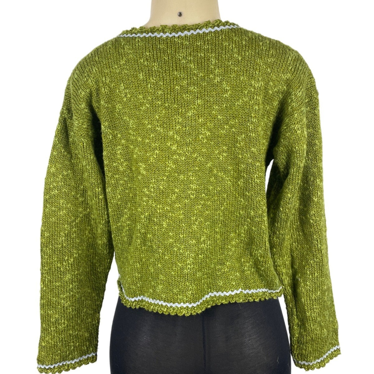 Hot Knots Womens Green Knit Cardigan With Floral Accent & Scalloped Trim