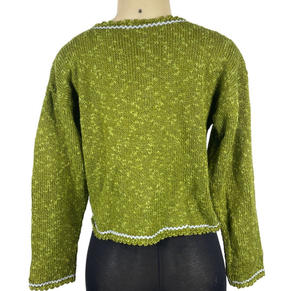 Hot Knots Womens Green Knit Cardigan With Floral Accent & Scalloped Trim