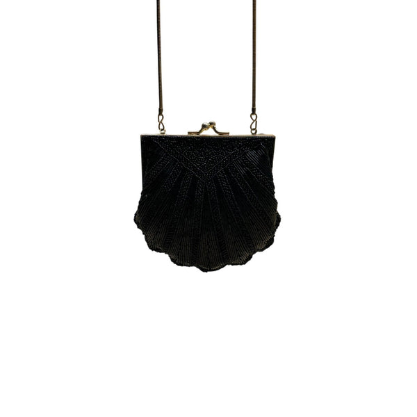 Carla Marchi Women’s Black Beaded Shell Design Metal Frame Evening Clutch