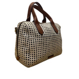 Fossil Women’s White/Black Polka Dot With Brown Handles Duffel Satchel Tote