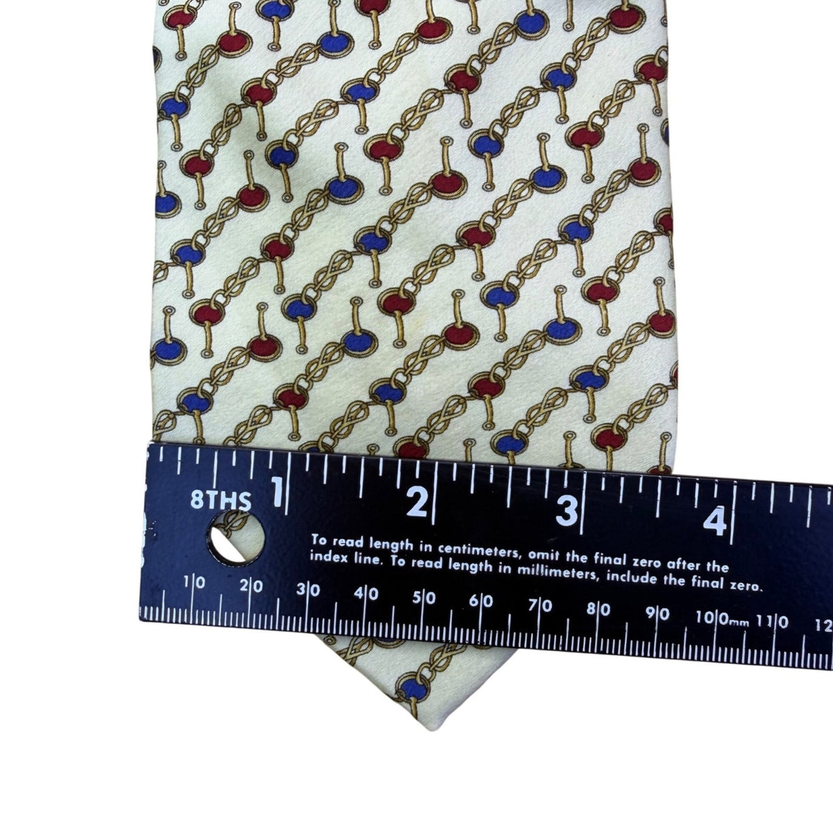 Tom James Mens Ivory Silk Tie Chain Link Red & Blue Pattern Elegant Made In USA