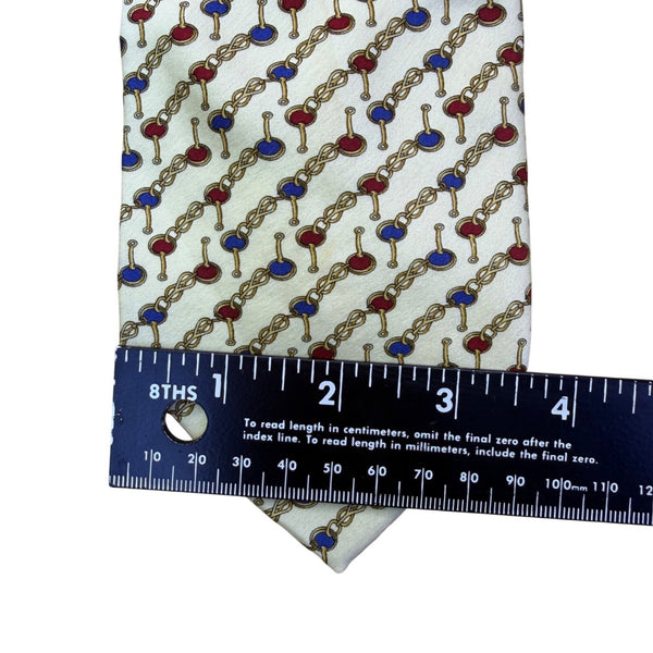 Tom James Mens Ivory Silk Tie Chain Link Red & Blue Pattern Elegant Made In USA