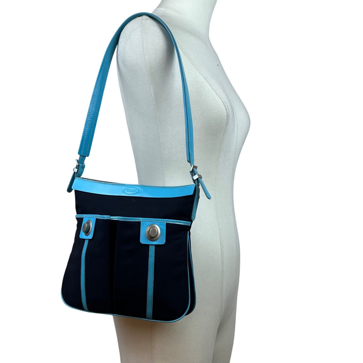 Tod’s Black & Blue Nylon Leather Trim With Silver Turn Lock Crossbody Bag