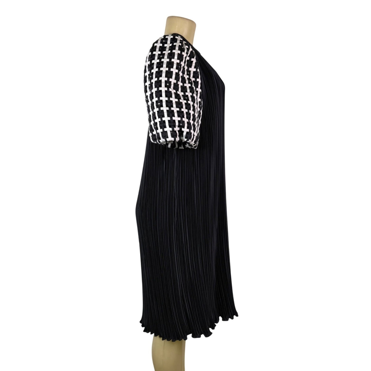 Ann Hobbs For Cattiva Womens Black Pleated Dress W/ Puff Sleeves Checked Sz M