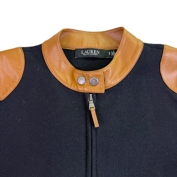 Lauren Ralph Lauren Womens Black Faux Leather-Trim Jacket Zipper Size S