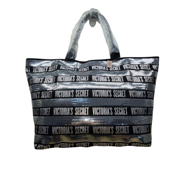 Victorias Secret Women’s Black Whit Silver Sequin Logo Tote Bag & Pouch Set