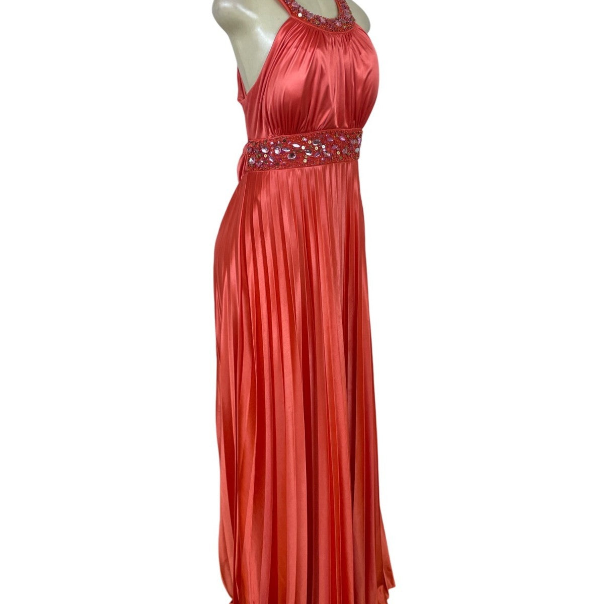 My Michelle Womens Red Satin Halter Evening Gown With Beaded Detailing Size XL