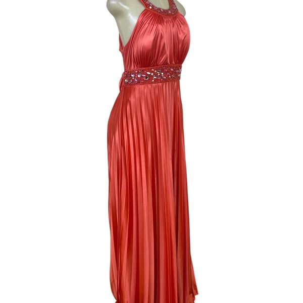 My Michelle Womens Red Satin Halter Evening Gown With Beaded Detailing Size XL