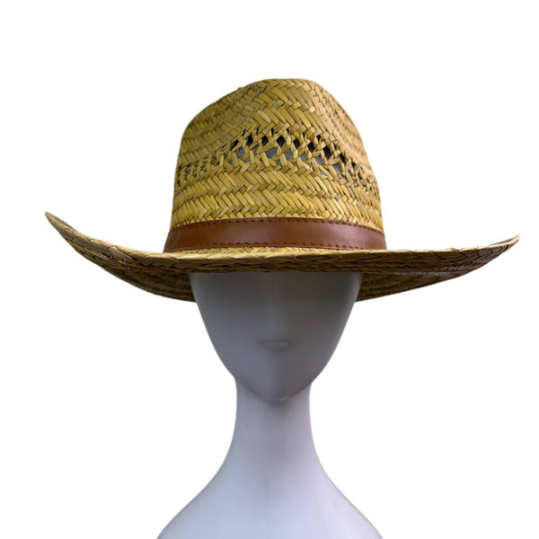 Dorfman Pacific Mens Natural Fibre Straw Western Hat Medium Handmade Brown Band