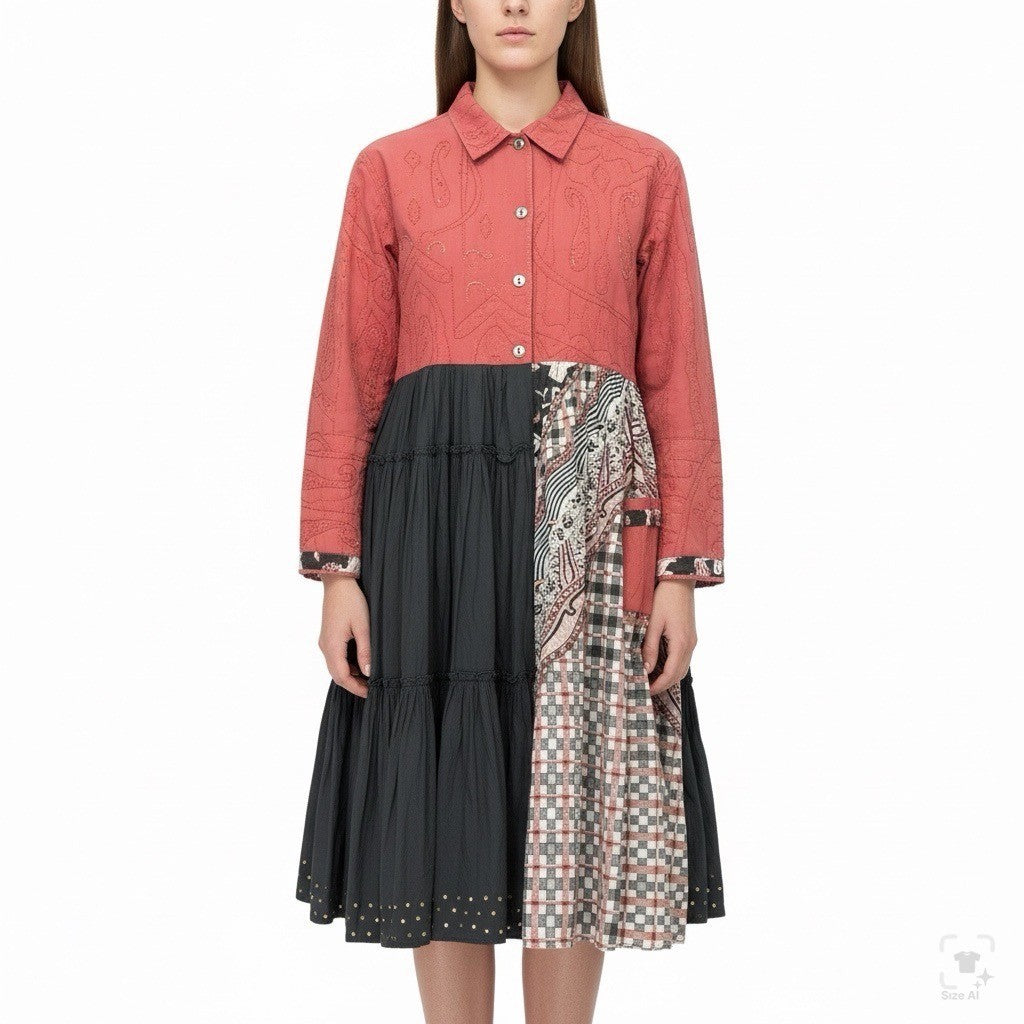 Shari B. Green Womens Red Black Patchwork Button-Up Dress Artsy Style Sz XL