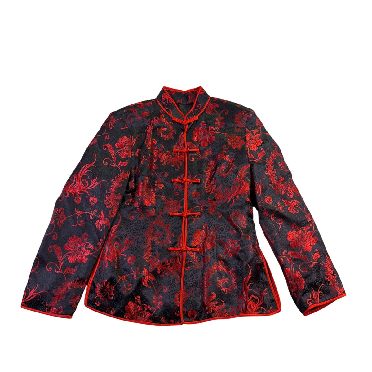 Women Black Red Brocade Floral Mandarin Jacket Laced Up