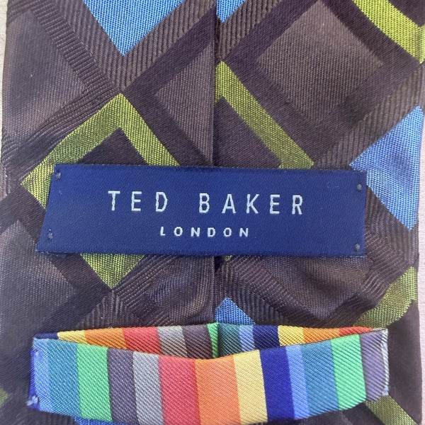 Ted Baker Mens Black Silk Geometric Tie Green & Blue Squares Modern Pattern