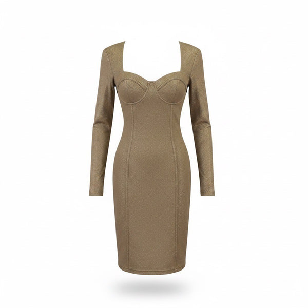 Entry Womens Gold Long-Sleeve Glitter Bodycon Elegant Style Dress Size S