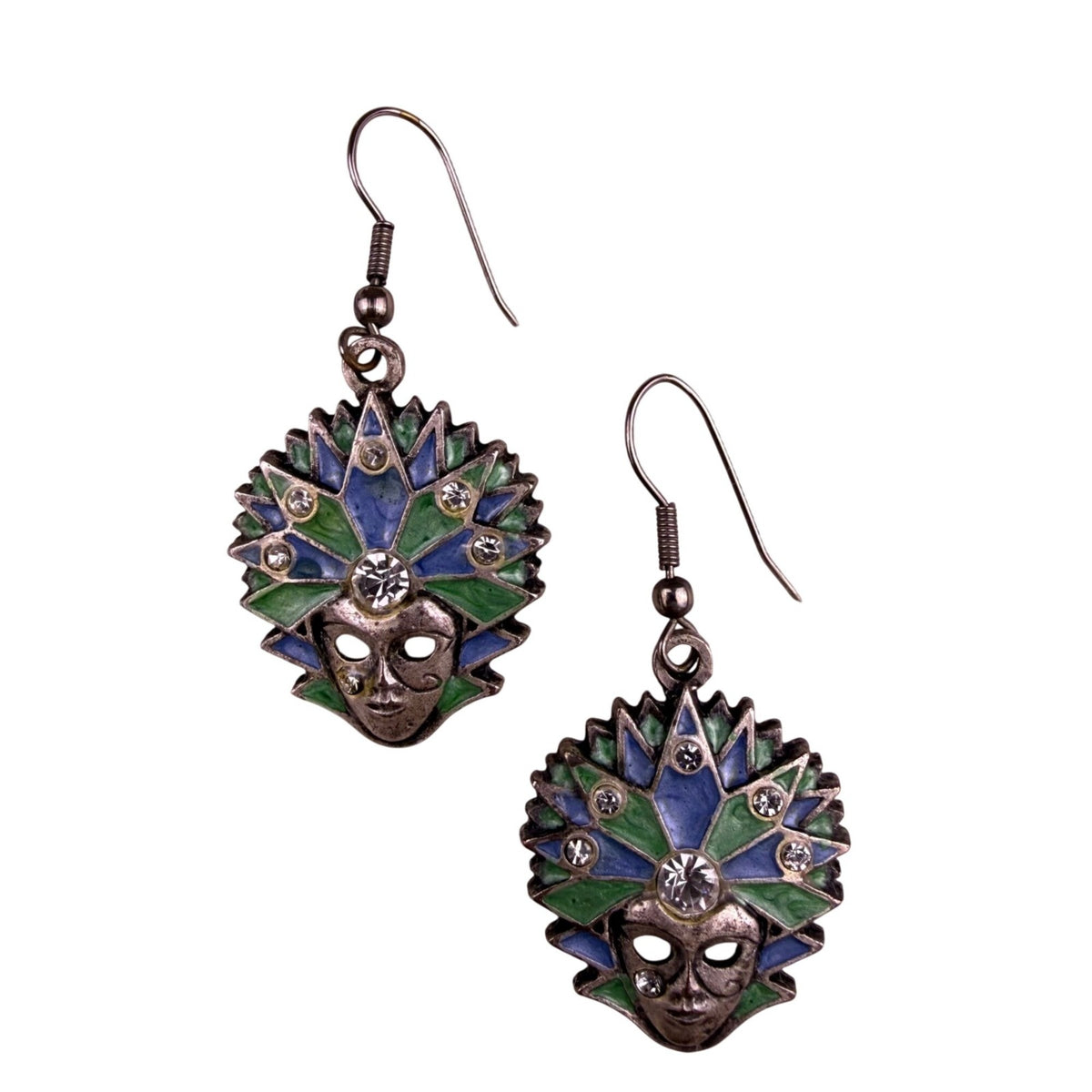 Handcrafted Womens Silver Tone Blue Green Crystal Mask Dangle Earrings