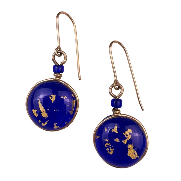 Womens Blue Glass & Gold Leaf Dangle Earrings Lightweight Artisan