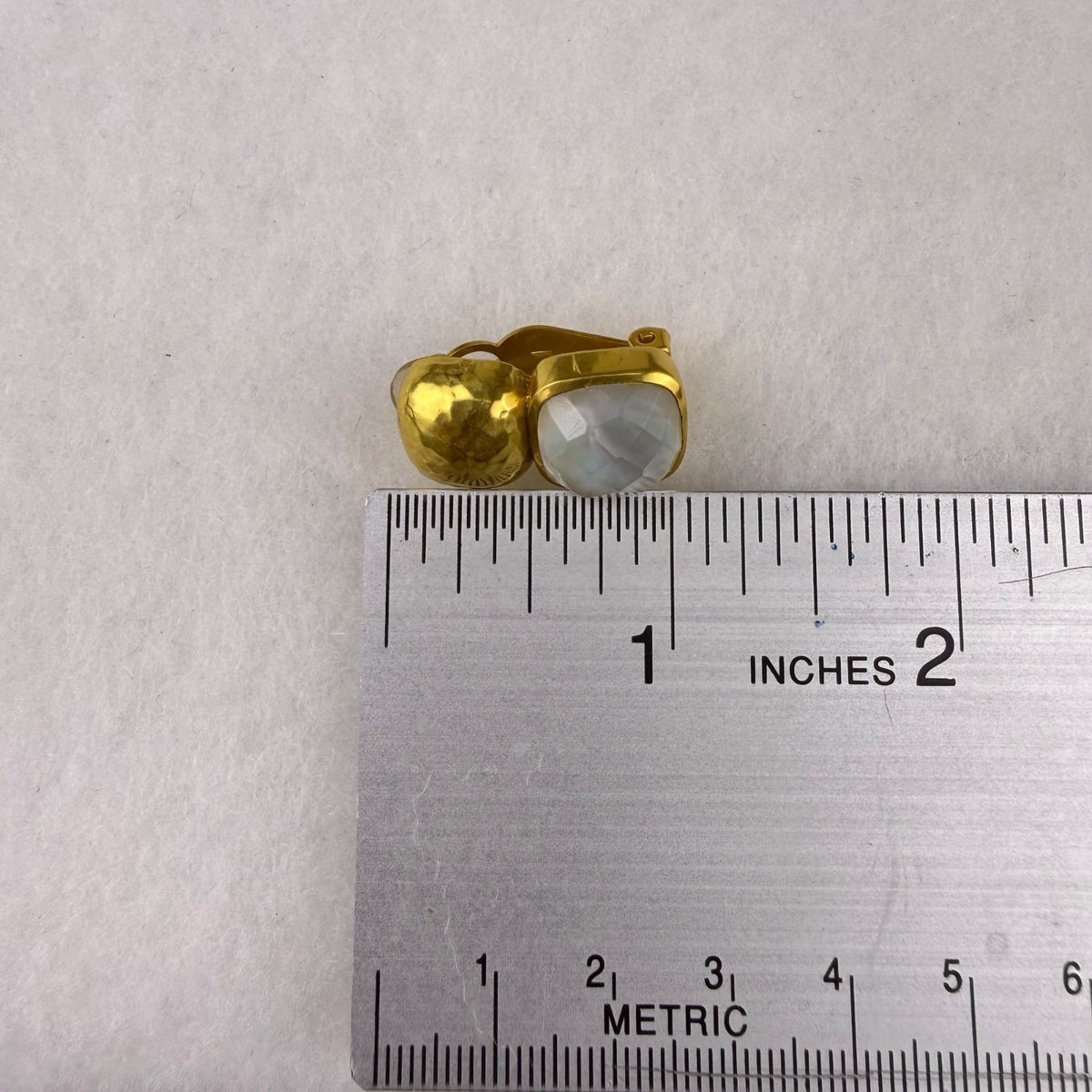 Gold Tone Womens White Mother Of Pearl Clip-On Earrings Hammered Finish Handmade