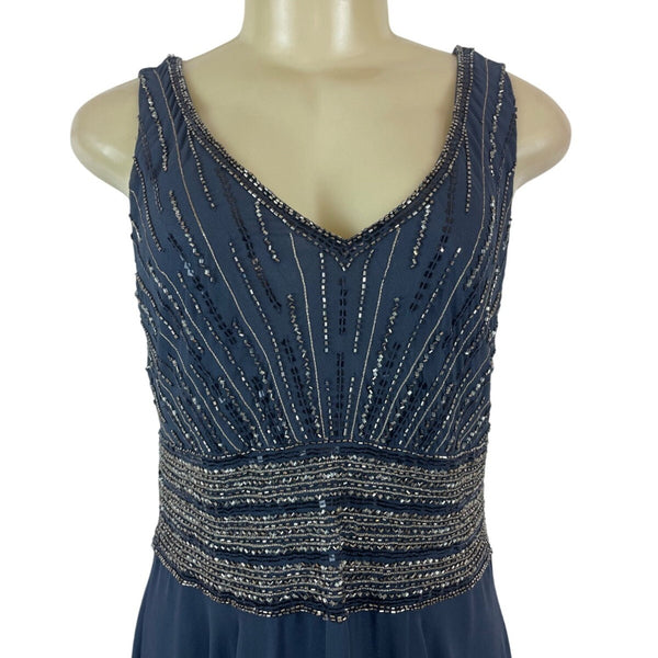 Jkara Women’s Navy Blue Beaded Sleeveless Evening Gown With Sheer Jacket Sz 12