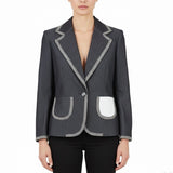 Donna Rae Womens Black Cotton Blend Jacket Textured Trim Single Button Size 10