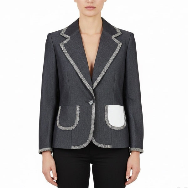 Donna Rae Womens Black Cotton Blend Jacket Textured Trim Single Button Size 10