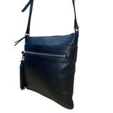 Halogen Women’s Black Pebbled Leather Adjustable Strap Crossbody Bag With Tassel