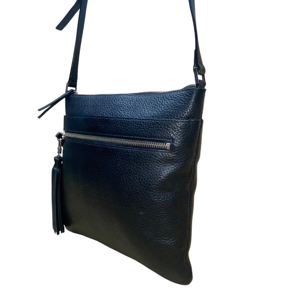 Halogen Women’s Black Pebbled Leather Adjustable Strap Crossbody Bag With Tassel