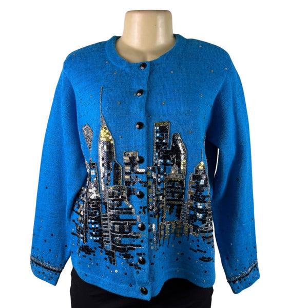 Design Options Womens Blue Button-Up Sequin Cardigan Skyline Embellished Sz L