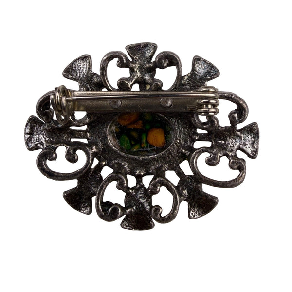 Vintage Womens Silver Tone Brooch With Multicolor Stone & Thistle Design
