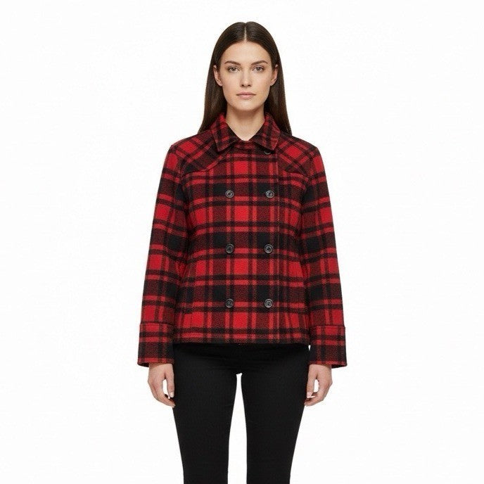 Woolrich Womens Red & Black Plaid Peacoat Double Breasted Jacket Size L