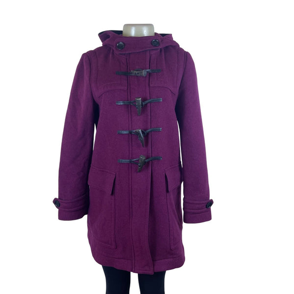 Women’s Magenta Plaid Wool Toggle Coat Hooded Classic Winter Size 8
