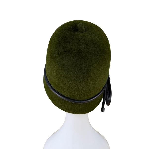 Womens Green Wool Cloche Hat With Black Leather Bow Accent