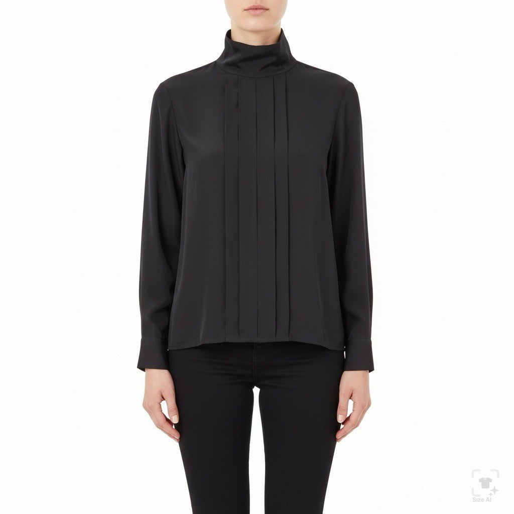 Womens Black Polyester Mock Neck Pleated Blouse Button Back Long Sleeve Size 14W