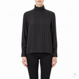 Womens Black Polyester Mock Neck Pleated Blouse Button Back Long Sleeve Size 14W