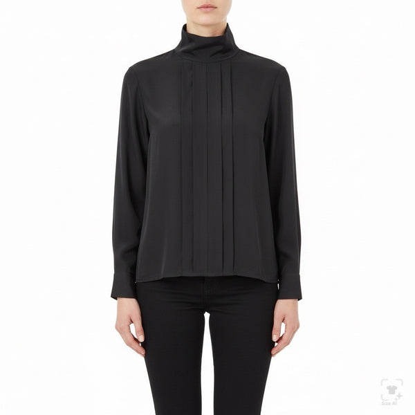 Womens Black Polyester Mock Neck Pleated Blouse Button Back Long Sleeve Size 14W
