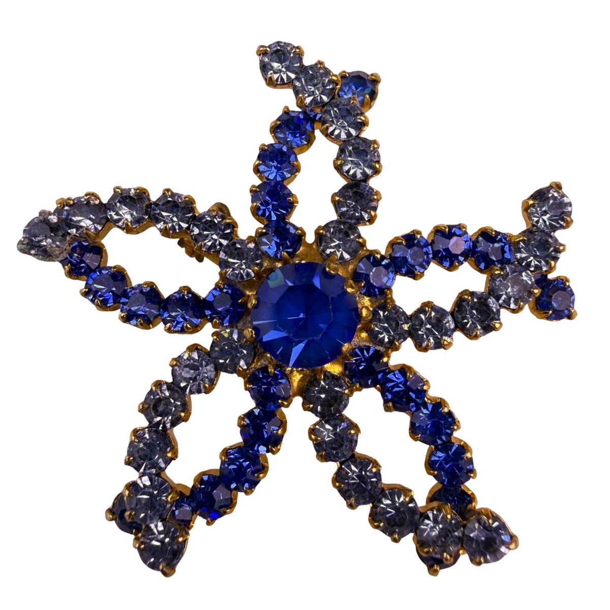 Vintage Gold-Tone Womens Blue Stone Rhinestone Starfish Flower Brooch Pin