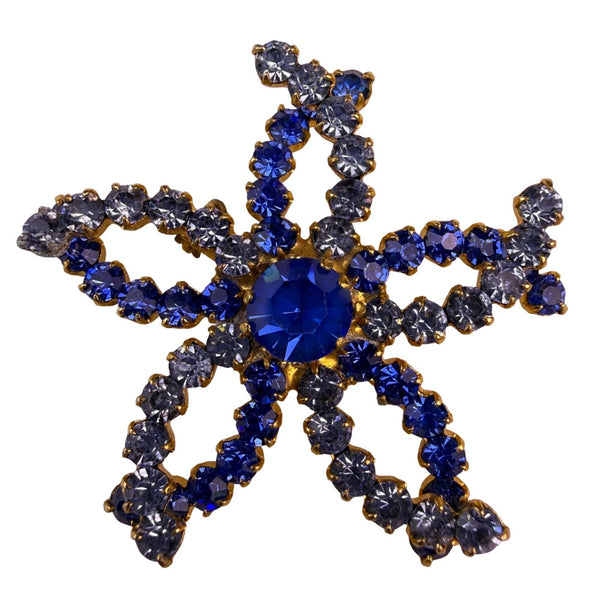 Vintage Gold-Tone Womens Blue Stone Rhinestone Starfish Flower Brooch Pin