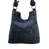 Black Faux Suede With Embroidered Swirl Detail & Brass Hardware Shoulder Bag
