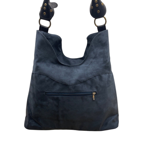 Black Faux Suede With Embroidered Swirl Detail & Brass Hardware Shoulder Bag