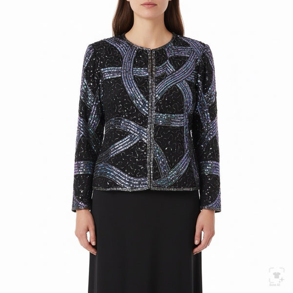 Stenay Womens Black Purple Silk Sequin Beaded Jacket  Elegant  Sz XL
