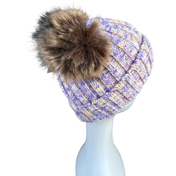 Simplicity Womens Lavender/Beige Knit Hat With Faux Fur Pom-Poms Warm Winter