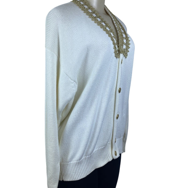 Vintage Fashioned By Pamela Hoke Gold & White Womens Knitted Cardigan
