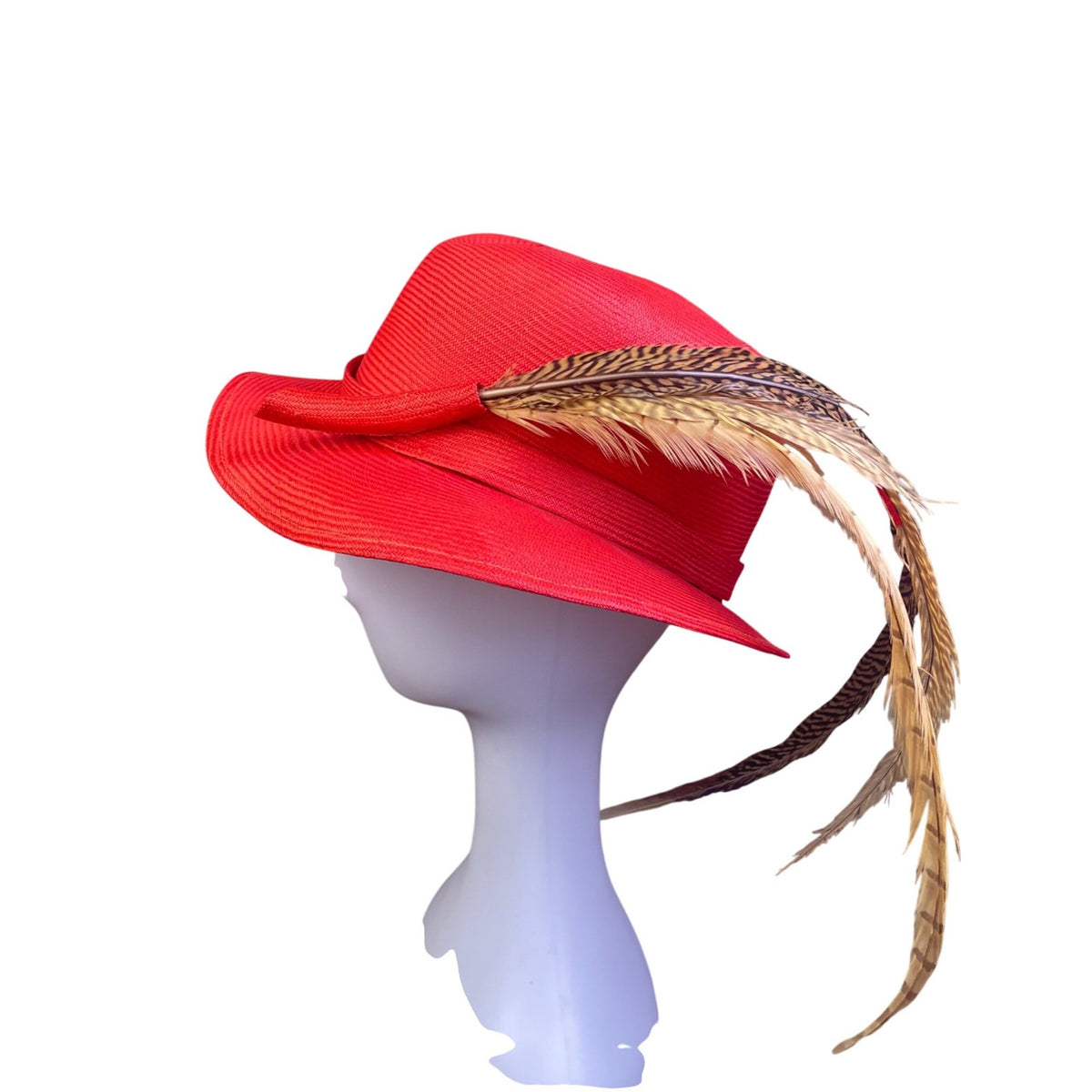 Adolfo II Womens Red Straw Feather-Accent Hat